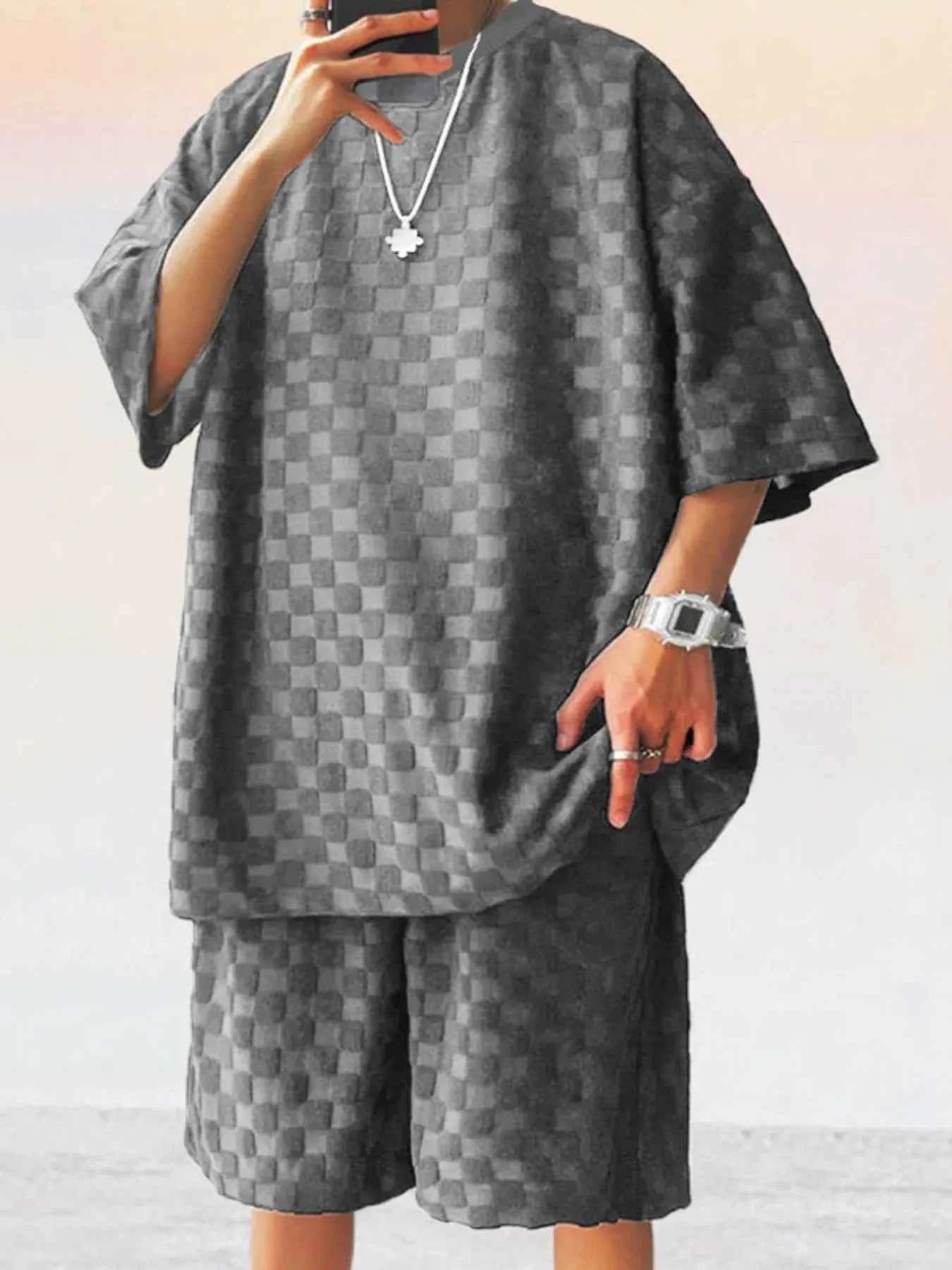 Men's Full Size Checkered Pattern Casual Top and Shorts Two-Piece Set Plus Size
