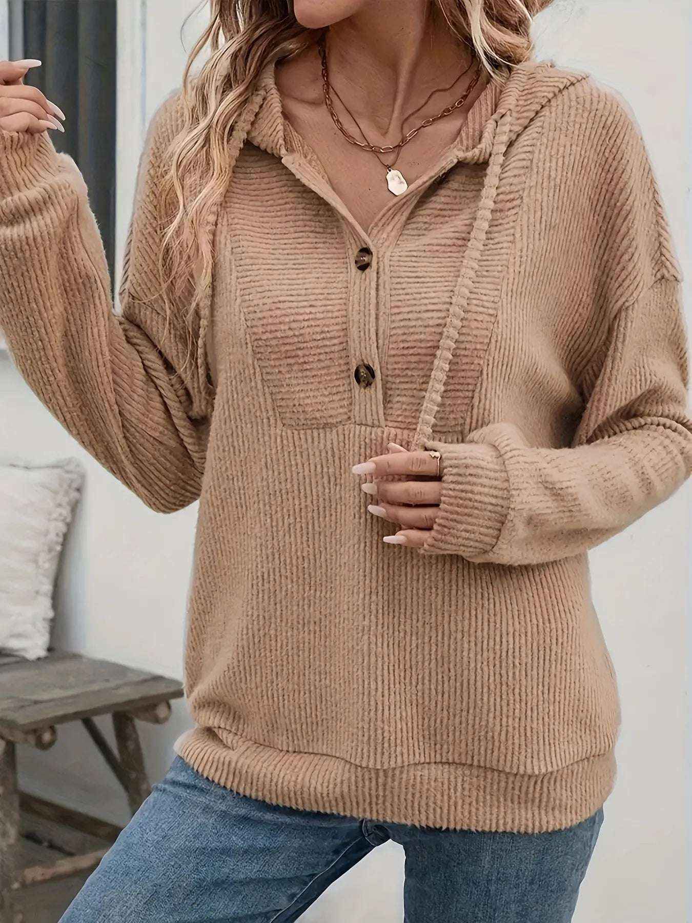 Women’s Ribbed Drawstring Button Front Hoodie Casual Long Sleeve Pullover Top