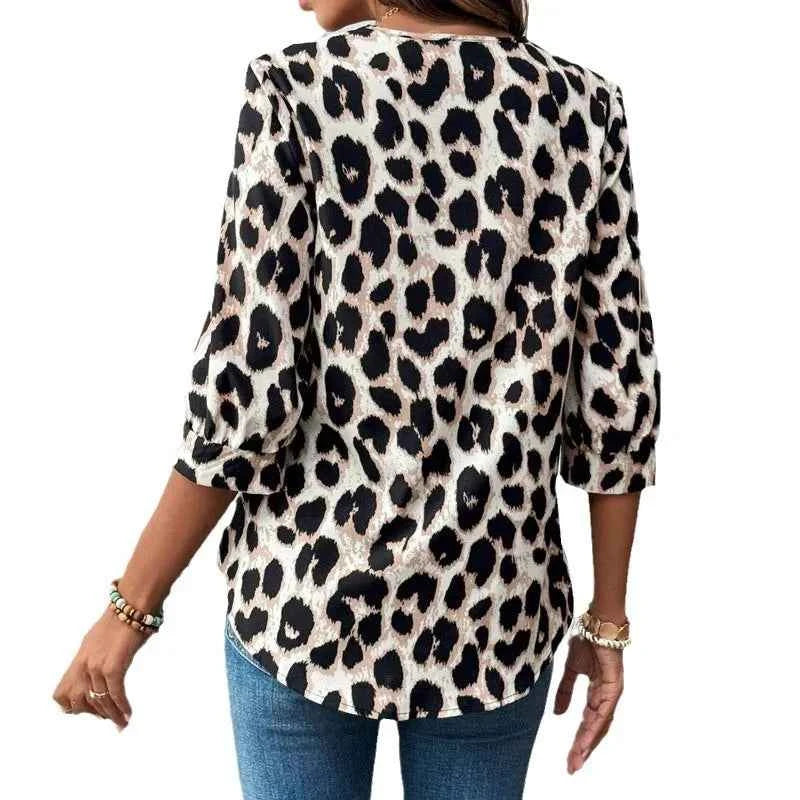 Chic Leopard Print 3/4 Sleeve Blouse V-Neck, Loose Fit Lightweight Versatile Casual Top for Women