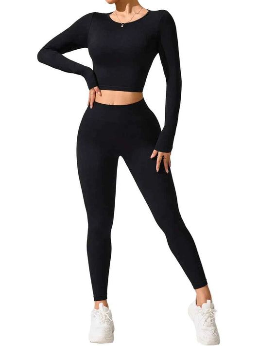 Stonehenge Textures Lace-Up Back Round Neck Top and Leggings Active Set