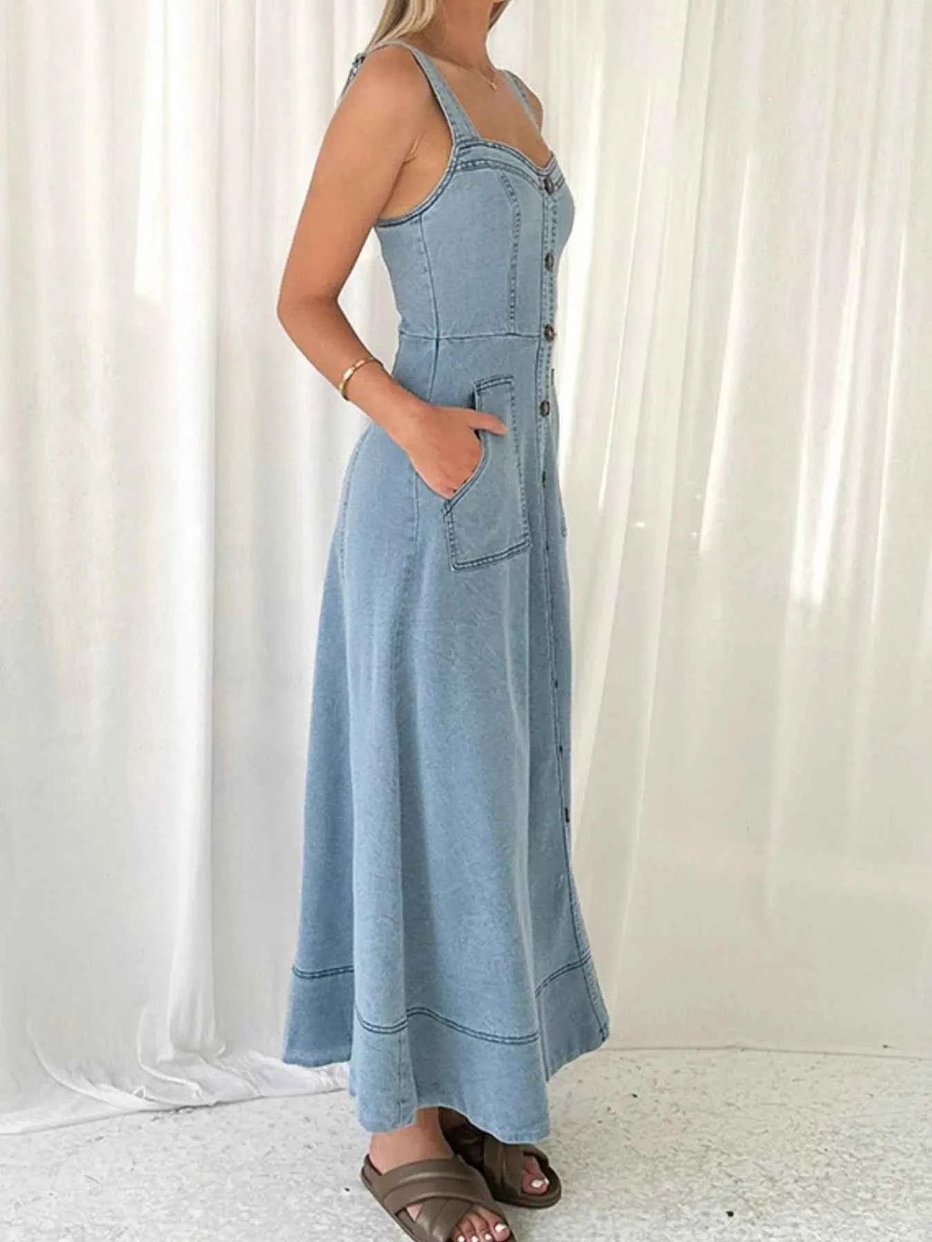 Light Blue Buttoned Wide Strap Sweetheart Neck Denim Midi Dress Vintage Inspired Pocketed, Summer Casual Travel-Ready