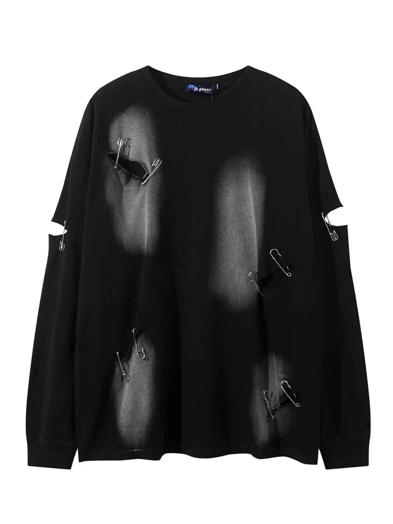 Men’s Distressed Long Sleeve T-Shirt – Oversized Streetwear Round Neck Top