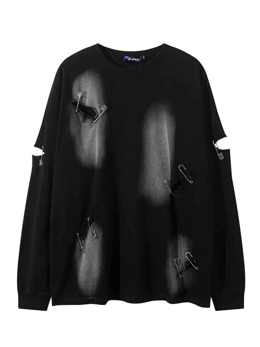 Men’s Distressed Long Sleeve T-Shirt – Oversized Streetwear Round Neck Top