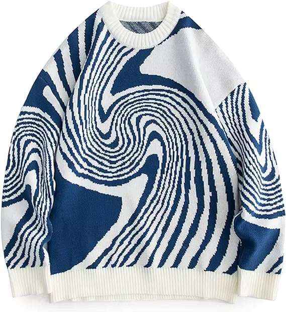 Men’s Abstract Swirl Knit Sweater Blue & White Optical Illusion Pattern Cozy Winter Pullover Streetwear Fashion Jumper