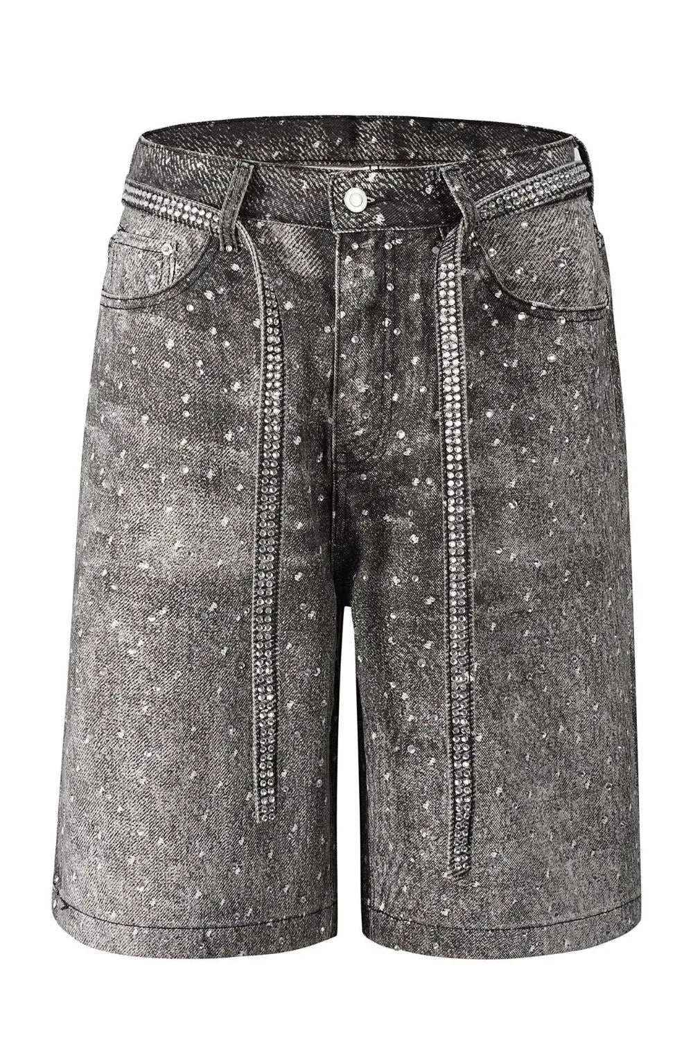 Men’s Washed Rhinestone Denim Bermuda Shorts – Streetwear Jean Shorts with Sparkle Detailing