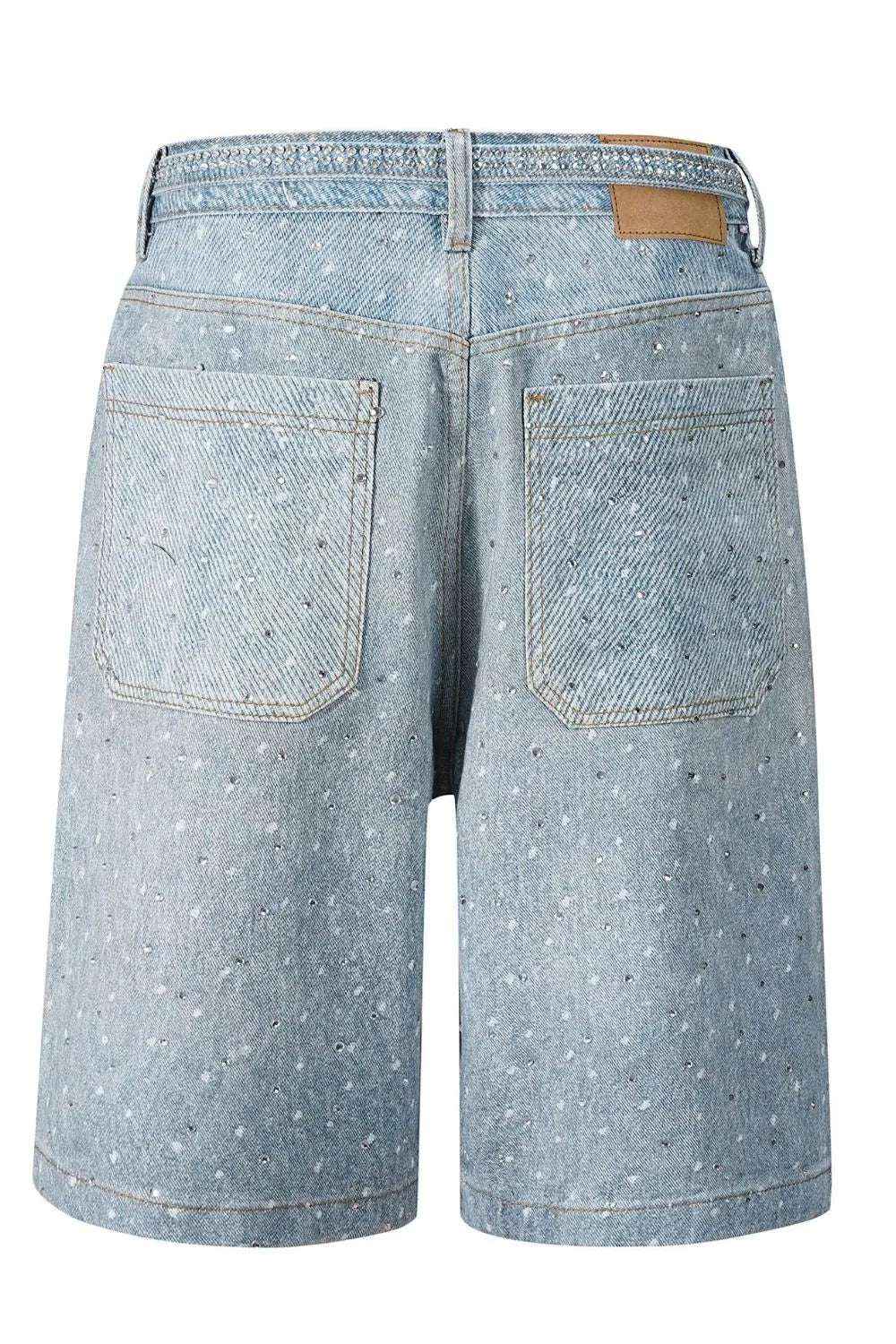 Men’s Washed Rhinestone Denim Bermuda Shorts – Streetwear Jean Shorts with Sparkle Detailing