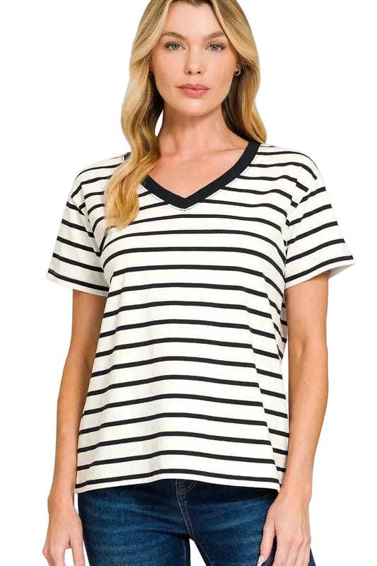 Zenana Striped V-Neck Short Sleeve T-Shirt