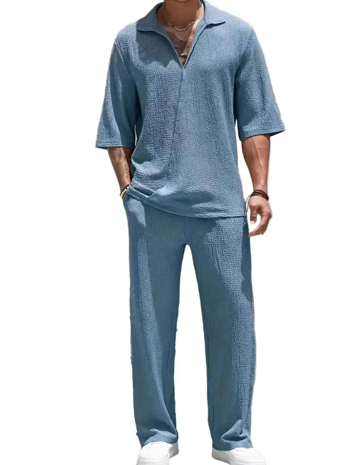 Men’s Johnny Collar Half Sleeve Top & Pants Set 2 Piece Outfit Casual Summer Lounge Wear Tracksuit