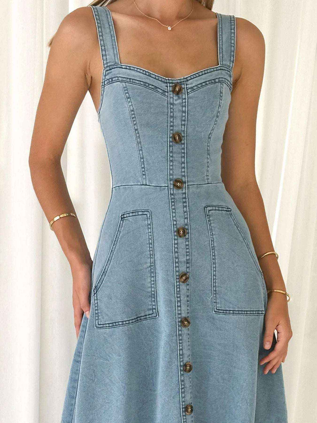 Light Blue Buttoned Wide Strap Sweetheart Neck Denim Midi Dress Vintage Inspired Pocketed, Summer Casual Travel-Ready