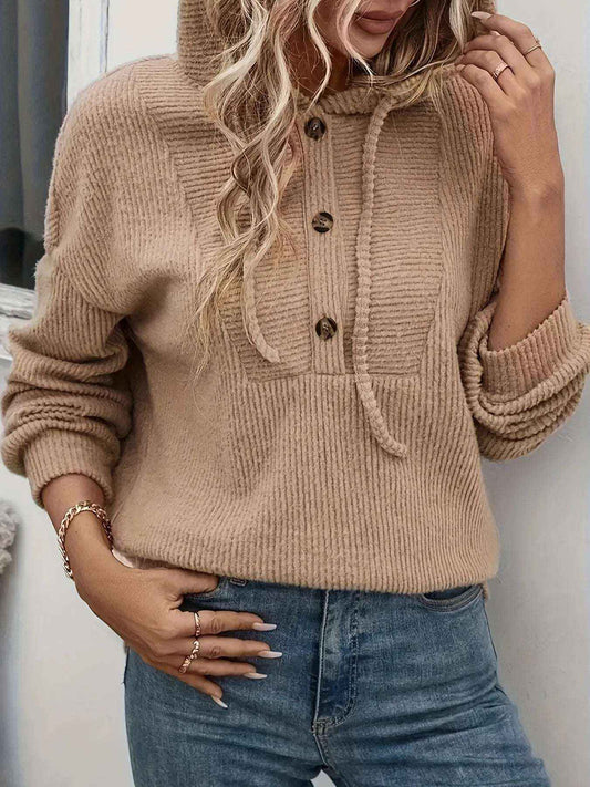Women’s Ribbed Drawstring Button Front Hoodie Casual Long Sleeve Pullover Top