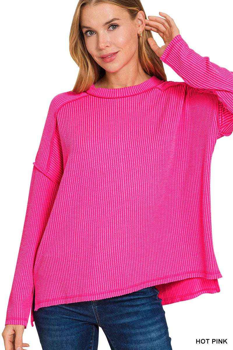 Exposed Seam Long Sleeve Corded Rib Knit Top Oversized Hot Pink Sweater for Women