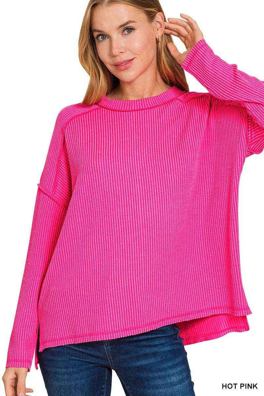 Exposed Seam Long Sleeve Corded Rib Knit Top Oversized Hot Pink Sweater for Women