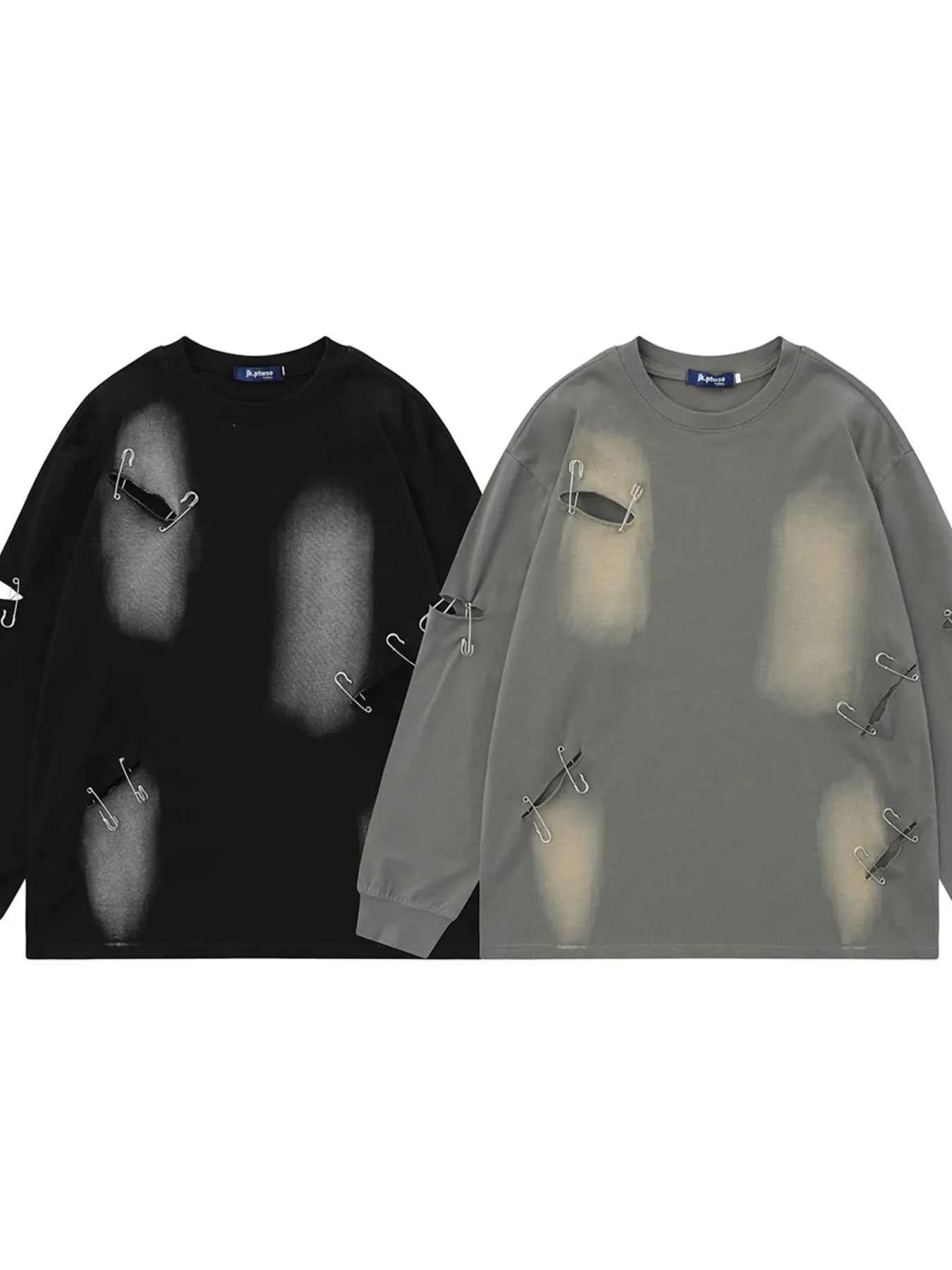 Men’s Distressed Long Sleeve T-Shirt – Oversized Streetwear Round Neck Top