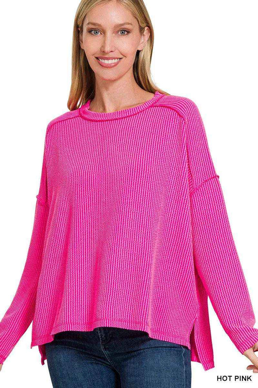 Exposed Seam Long Sleeve Corded Rib Knit Top Oversized Hot Pink Sweater for Women