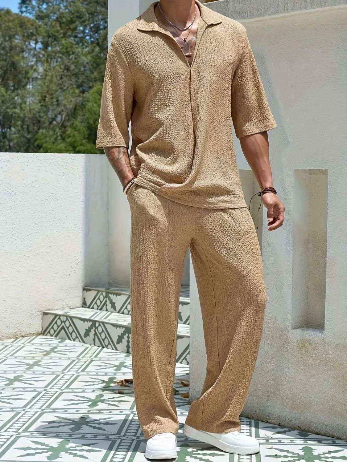 Men’s Johnny Collar Half Sleeve Top & Pants Set 2 Piece Outfit Casual Summer Lounge Wear Tracksuit