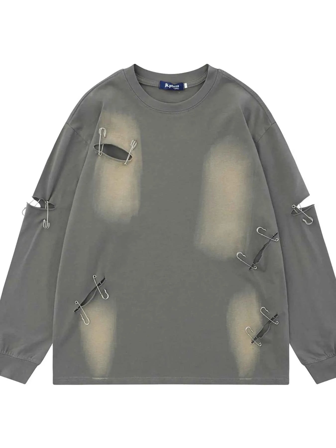 Men’s Distressed Long Sleeve T-Shirt – Oversized Streetwear Round Neck Top