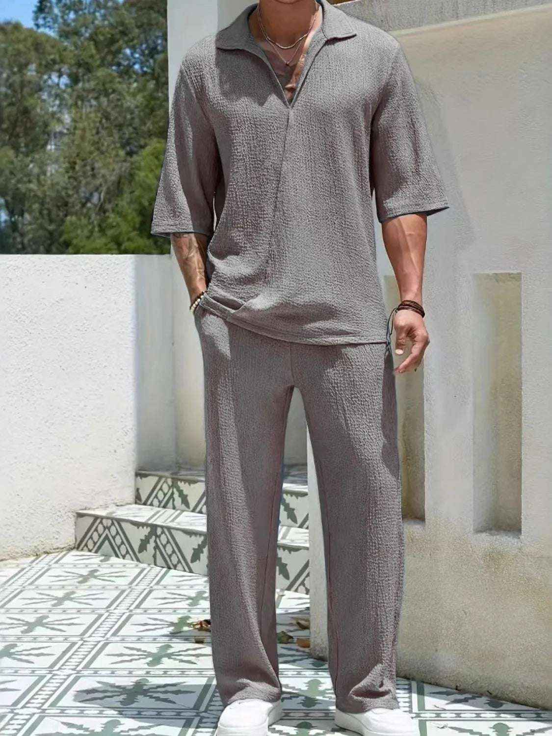 Men’s Johnny Collar Half Sleeve Top & Pants Set 2 Piece Outfit Casual Summer Lounge Wear Tracksuit