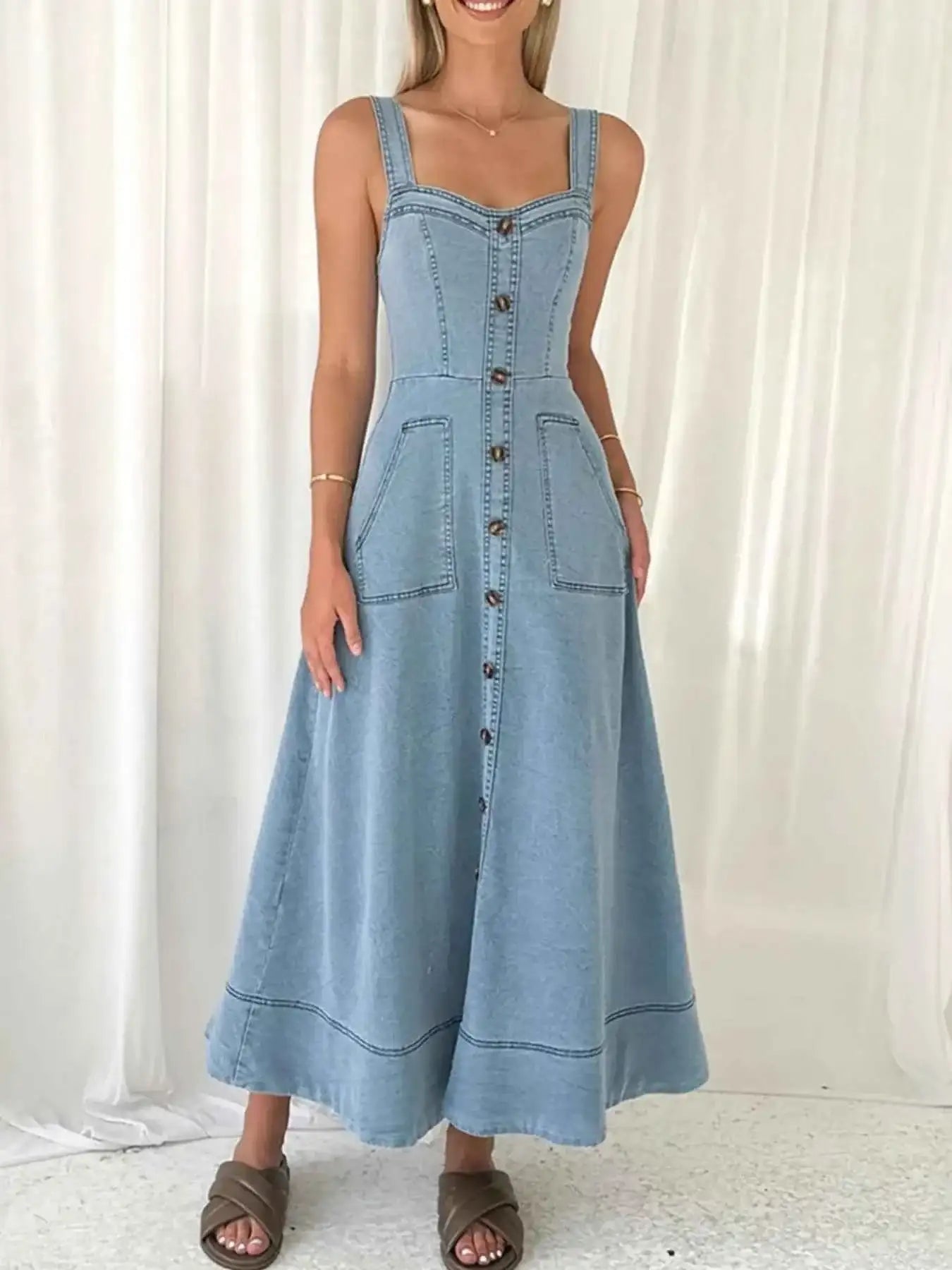 Light Blue Buttoned Wide Strap Sweetheart Neck Denim Midi Dress Vintage Inspired Pocketed, Summer Casual Travel-Ready