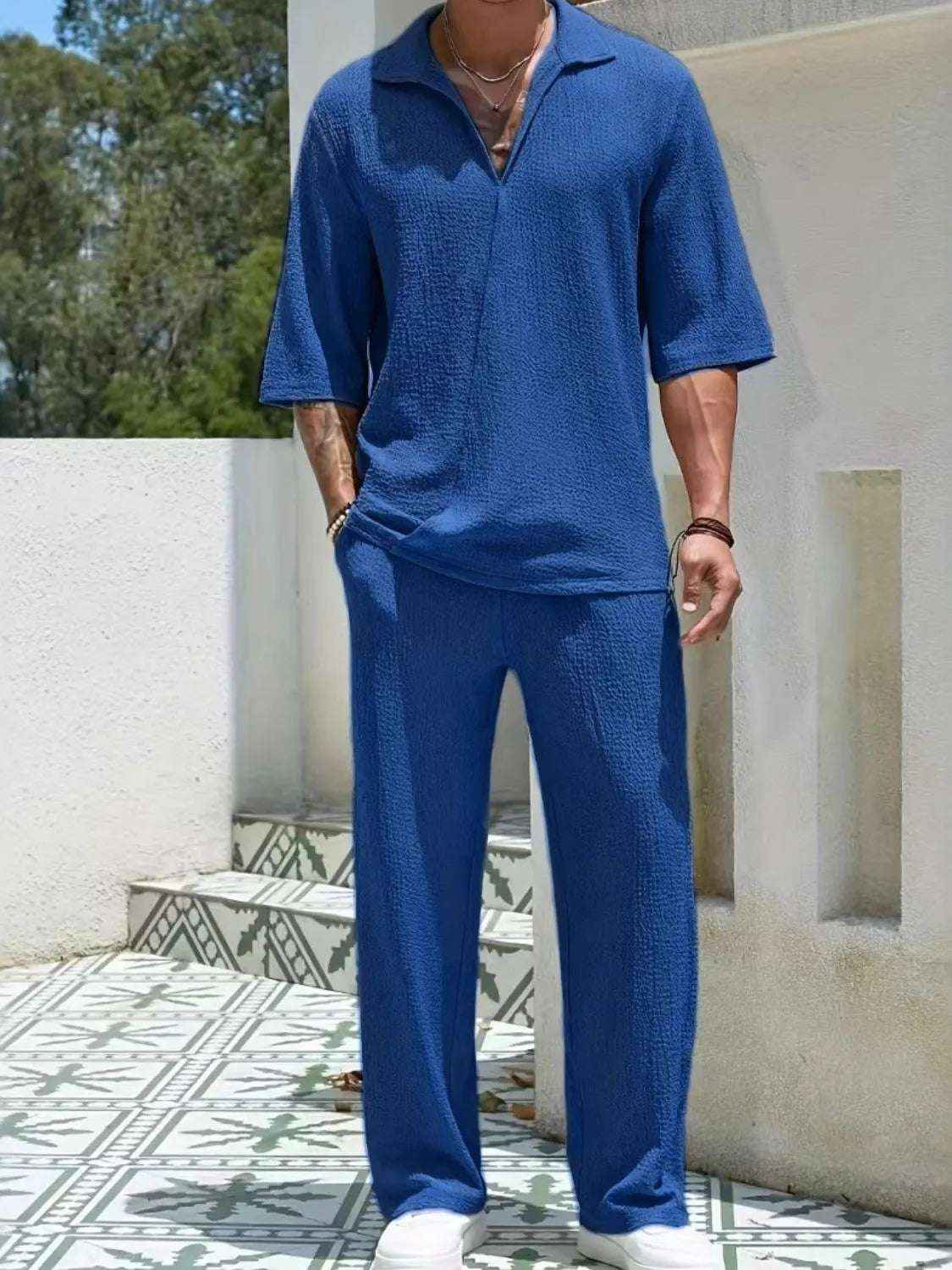 Men’s Johnny Collar Half Sleeve Top & Pants Set 2 Piece Outfit Casual Summer Lounge Wear Tracksuit