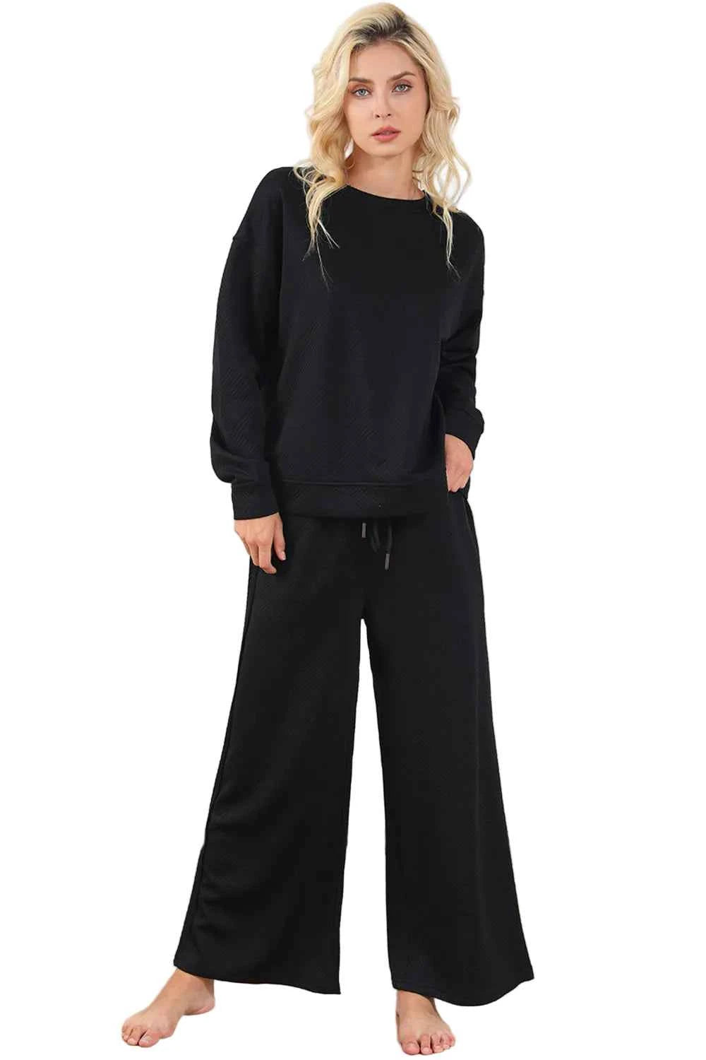 Double Take Full Size Textured Long Sleeve Top and Drawstring Pants Set