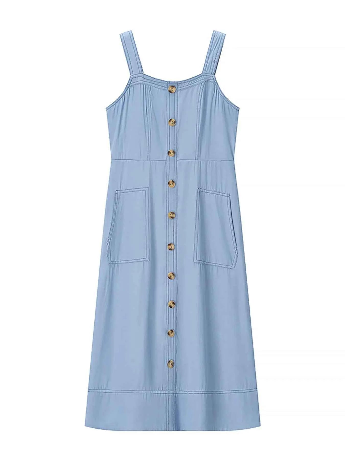 Light Blue Buttoned Wide Strap Sweetheart Neck Denim Midi Dress Vintage Inspired Pocketed, Summer Casual Travel-Ready