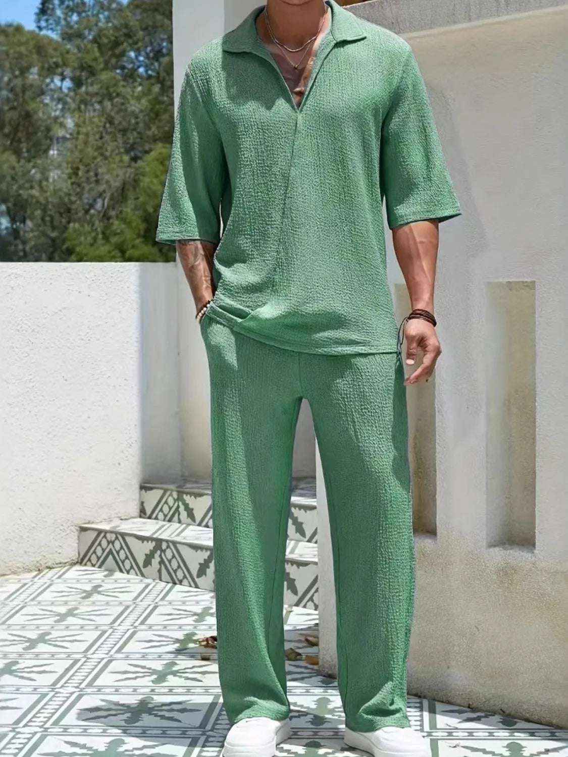 Men’s Johnny Collar Half Sleeve Top & Pants Set 2 Piece Outfit Casual Summer Lounge Wear Tracksuit