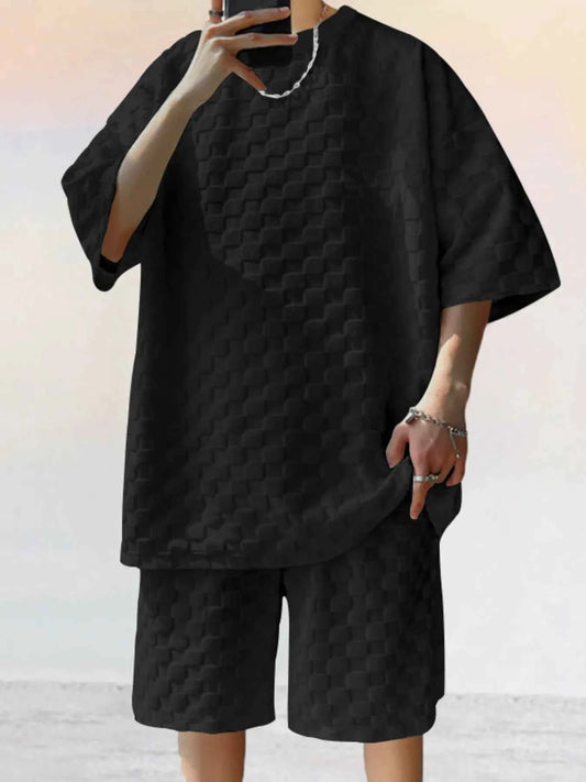 Men's Full Size Checkered Pattern Casual Top and Shorts Two-Piece Set Plus Size