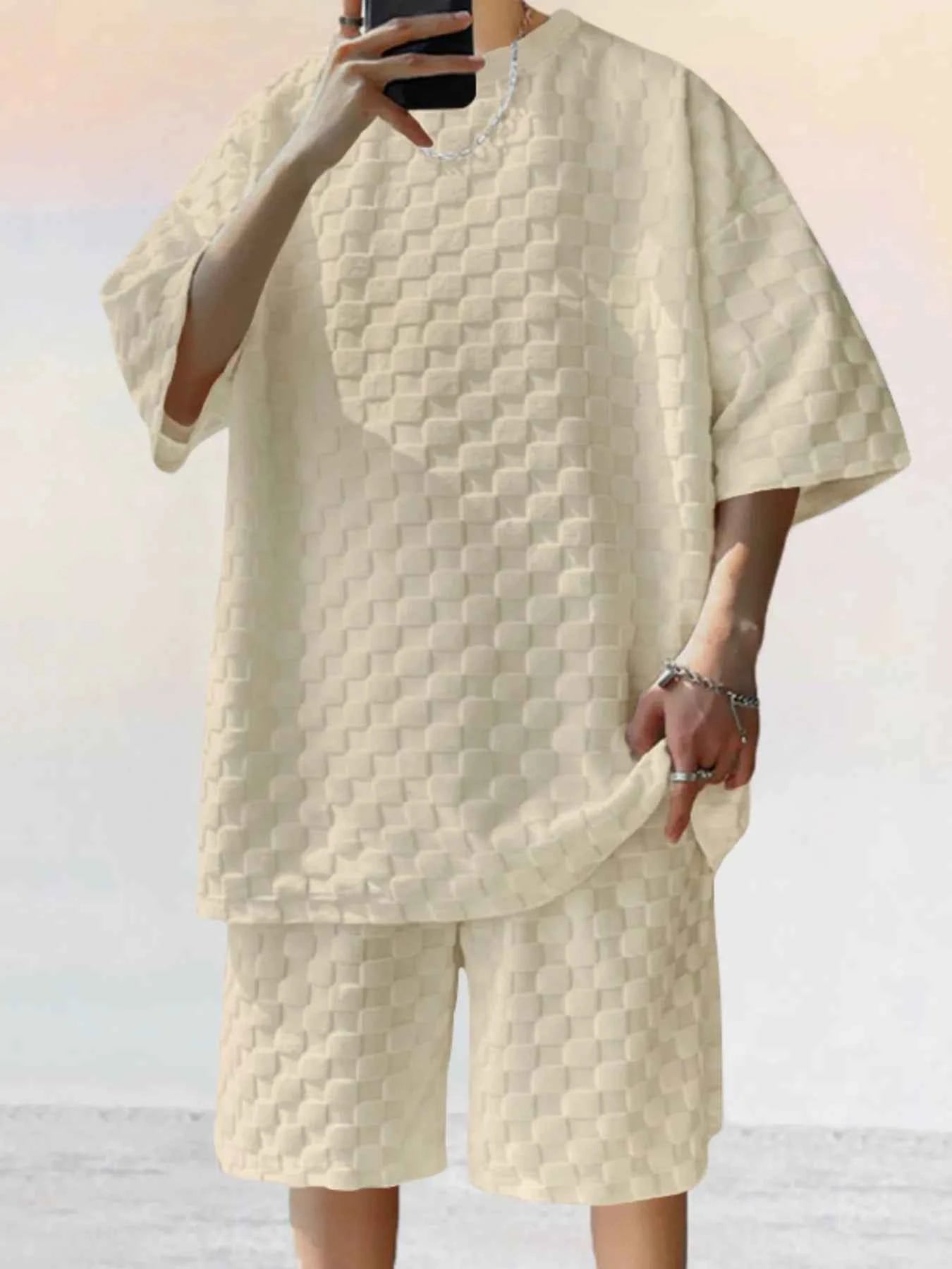 Men's Full Size Checkered Pattern Casual Top and Shorts Two-Piece Set Plus Size