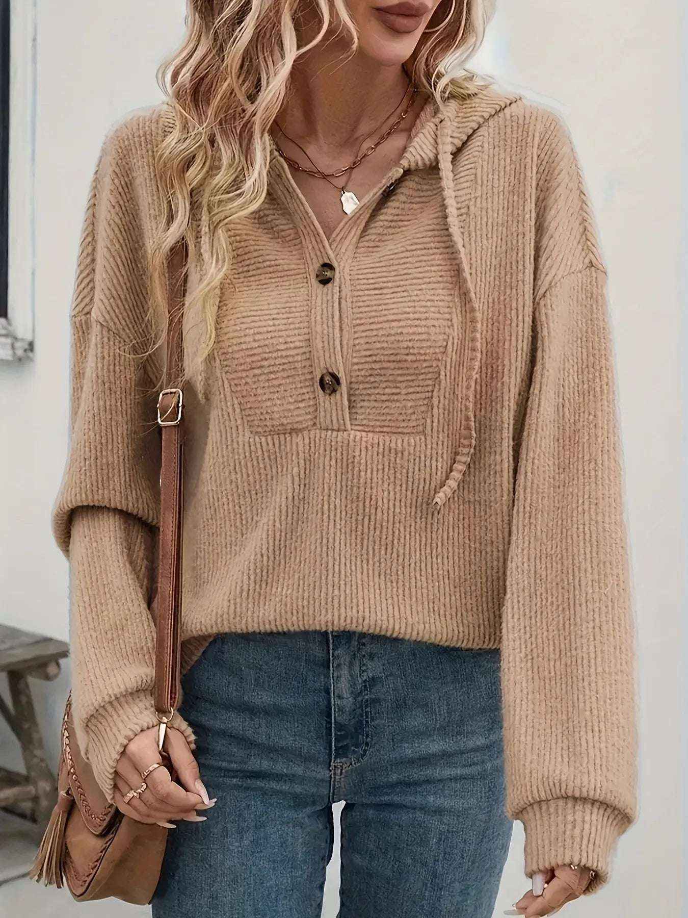 Women’s Ribbed Drawstring Button Front Hoodie Casual Long Sleeve Pullover Top