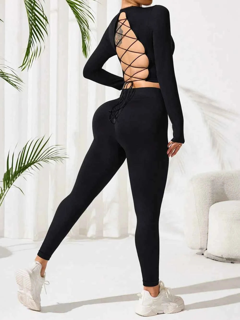 Stonehenge Textures Lace-Up Back Round Neck Top and Leggings Active Set