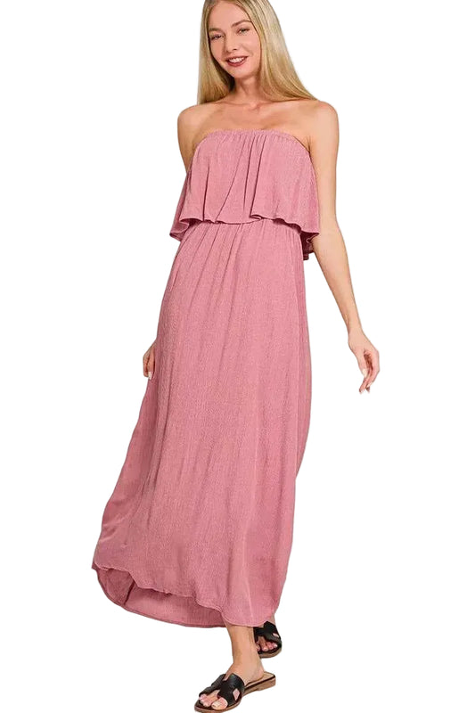 Zenana Woven Crinkle Strapless Maxi Dress