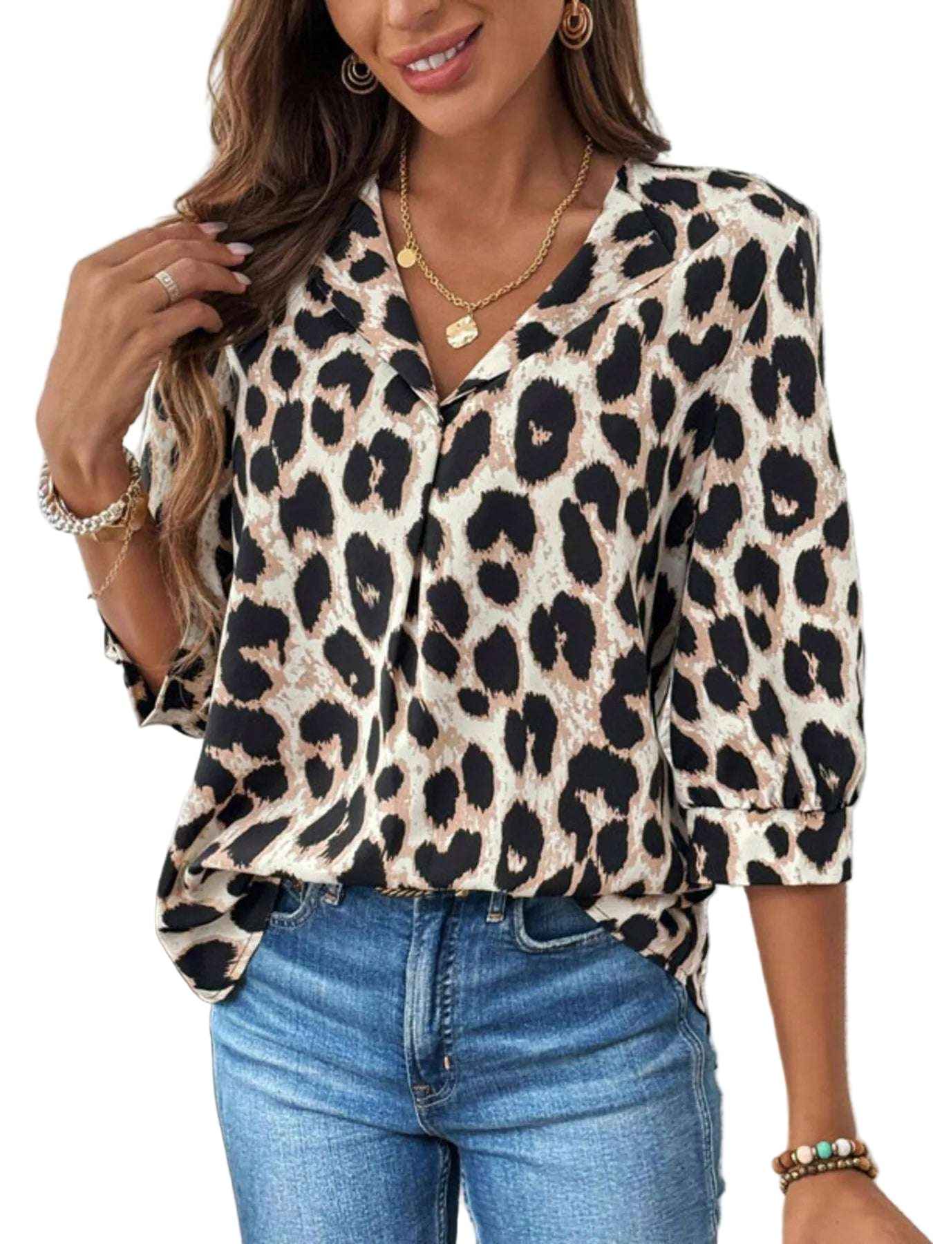 Chic Leopard Print 3/4 Sleeve Blouse V-Neck, Loose Fit Lightweight Versatile Casual Top for Women