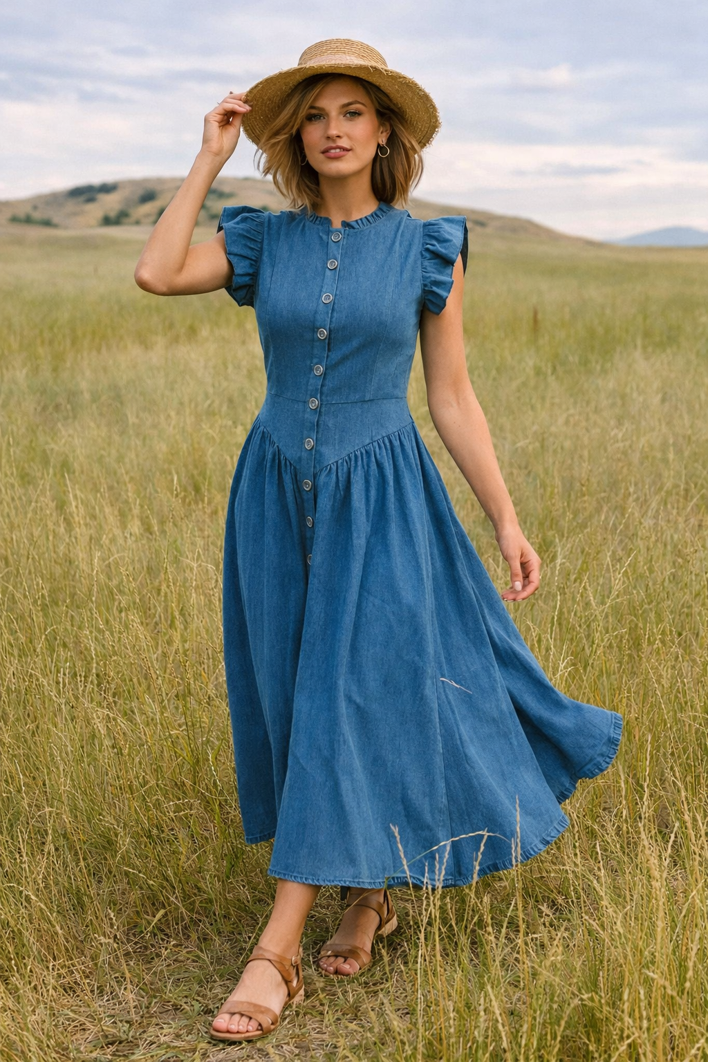 Elara Denim Midi Dress — Timeless Button-Front Silhouette