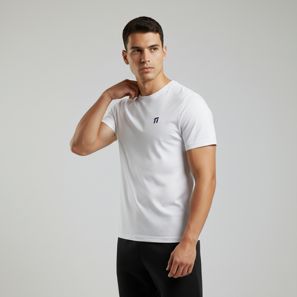 Man wearing a white t-shirt with a small logo on a gray background