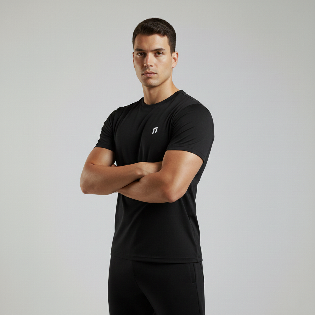 Man wearing a black t-shirt with a logo on a gray background