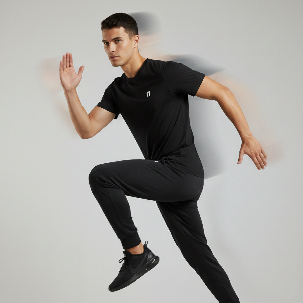 Man in black athletic wear posing against a gray background