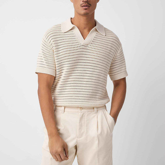 Stonehenge Texture Hollow-Knit Mesh Polo Shirt Luxury Crochet Sweater