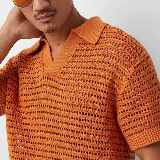 Stonehenge Texture Hollow-Knit Mesh Polo Shirt Luxury Crochet Sweater