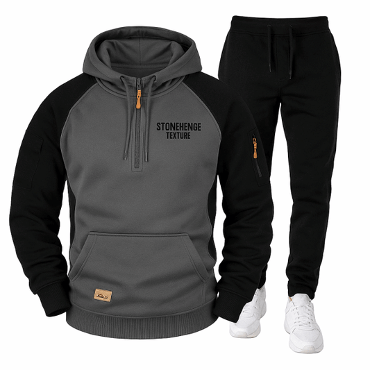 Stonehenge Texture Men’s Tech Fleece Tracksuit Set – Hoodie & Joggers (Grey & Black)