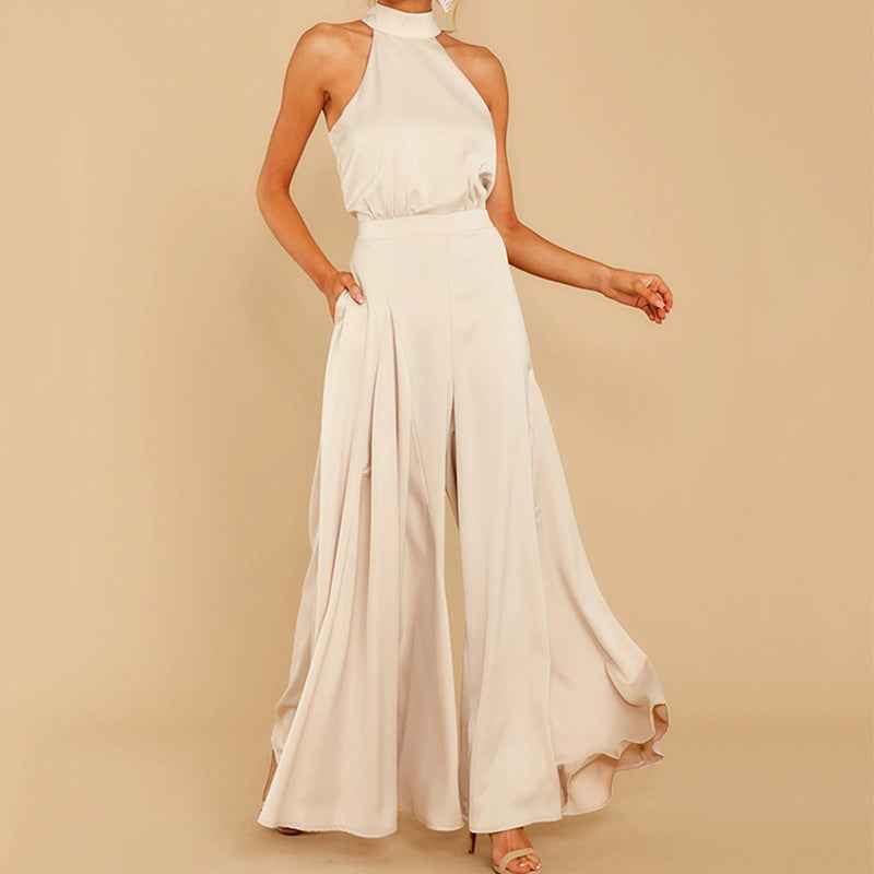 one-piece jumpsuit blends modern minimalism with retro flair, featuring an off-the-shoulder neckline