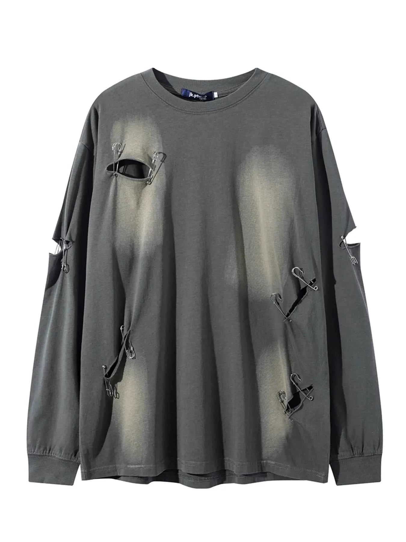 Men’s Distressed Long Sleeve T-Shirt – Oversized Streetwear Round Neck Top