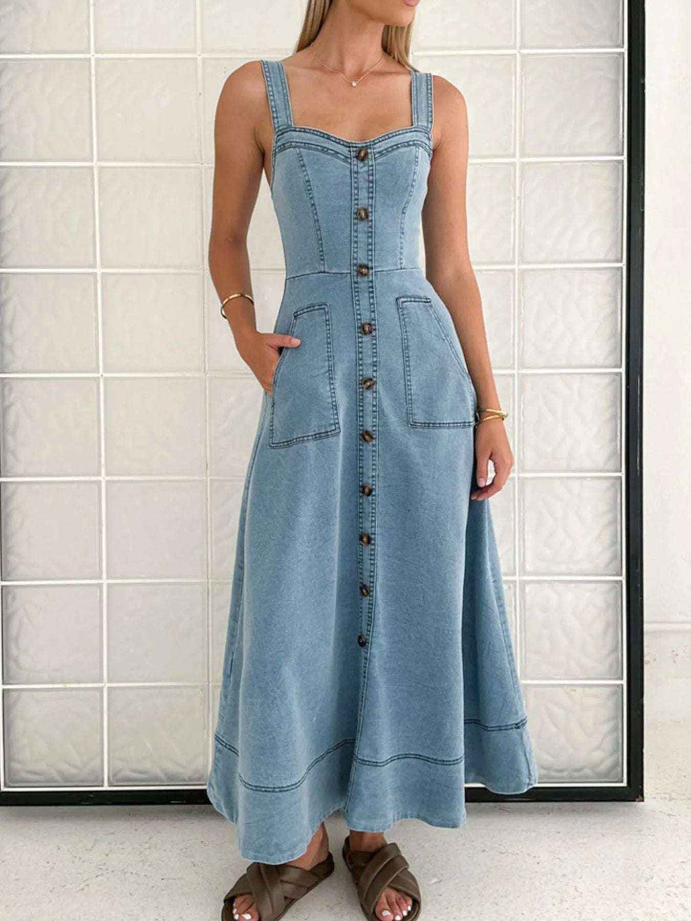 Light Blue Buttoned Wide Strap Sweetheart Neck Denim Midi Dress Vintage Inspired Pocketed, Summer Casual Travel-Ready