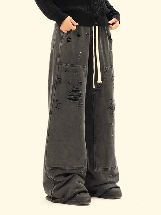 Heritage-Distressed Wide Leg Jeans with Drawstring Waist 100% Cotton