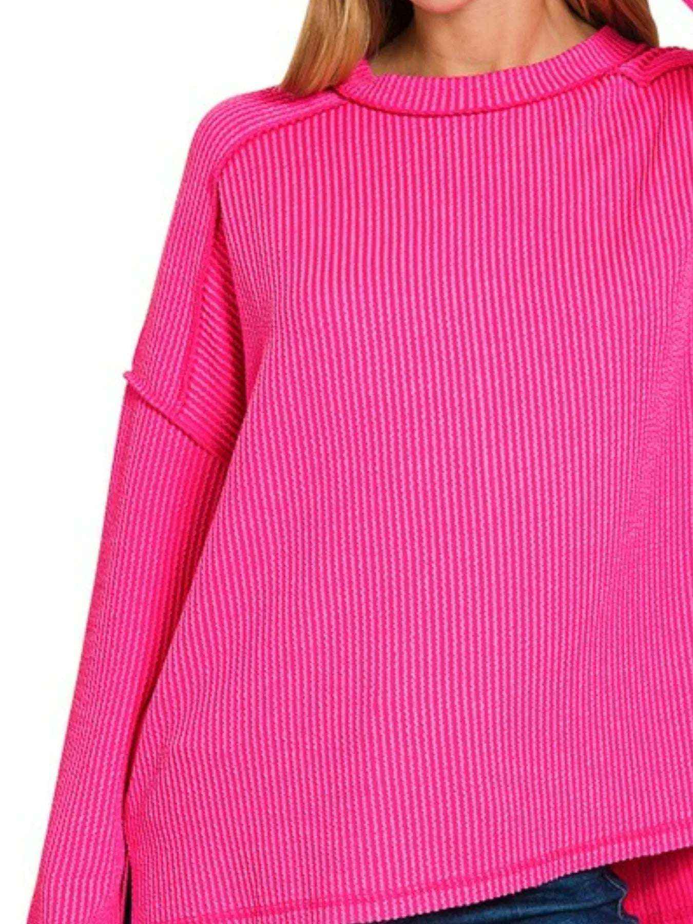 Exposed Seam Long Sleeve Corded Rib Knit Top Oversized Hot Pink Sweater for Women