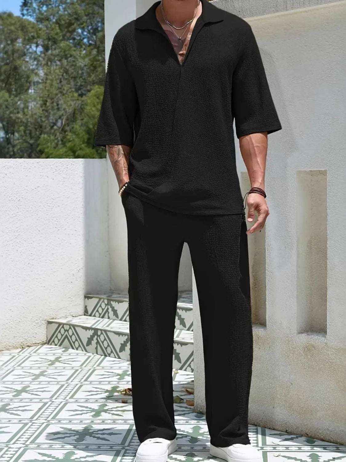 Men’s Johnny Collar Half Sleeve Top & Pants Set 2 Piece Outfit Casual Summer Lounge Wear Tracksuit