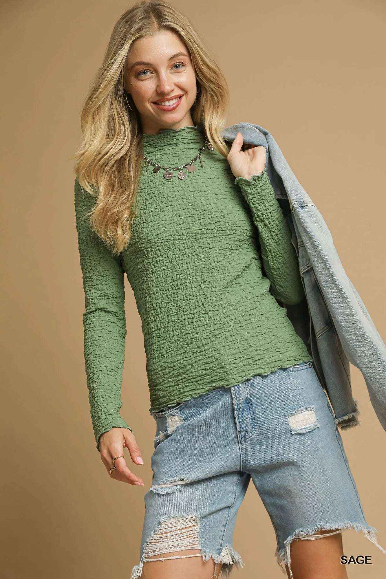 Stonehenge Textures Crinkle Knit Long Sleeve Top – Stylish Versatile Knitwear for Women