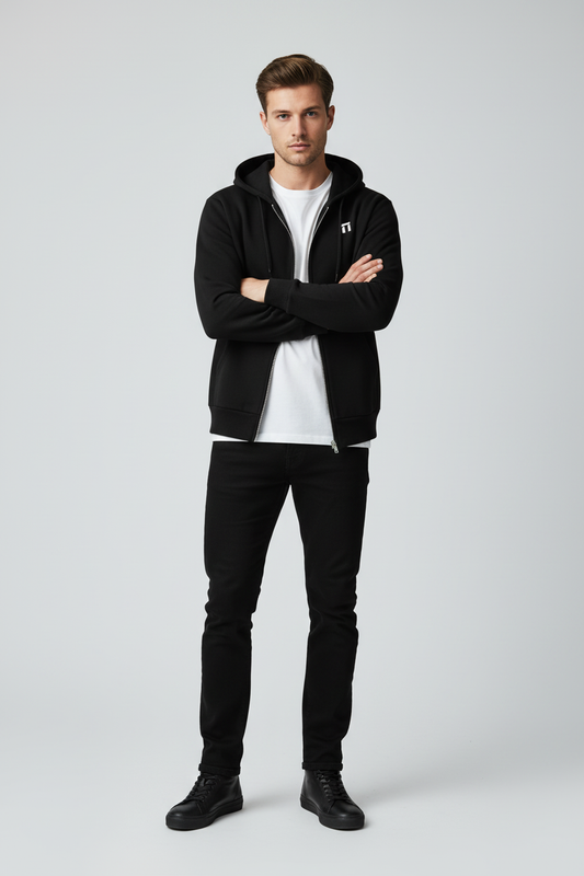 British model wearing black Stonehenge hoodie