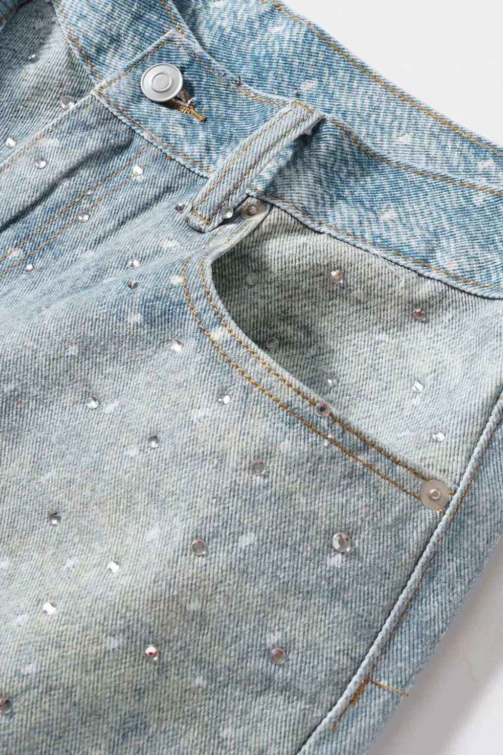 Men’s Washed Rhinestone Denim Bermuda Shorts – Streetwear Jean Shorts with Sparkle Detailing