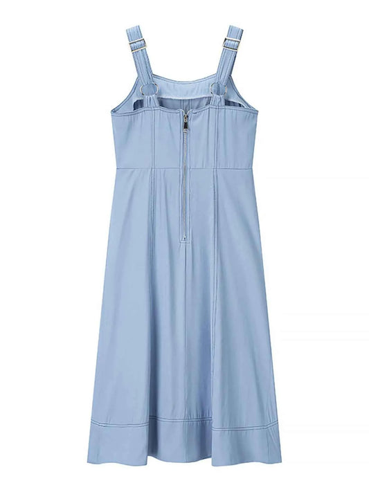 Light Blue Buttoned Wide Strap Sweetheart Neck Denim Midi Dress Vintage Inspired Pocketed, Summer Casual Travel-Ready