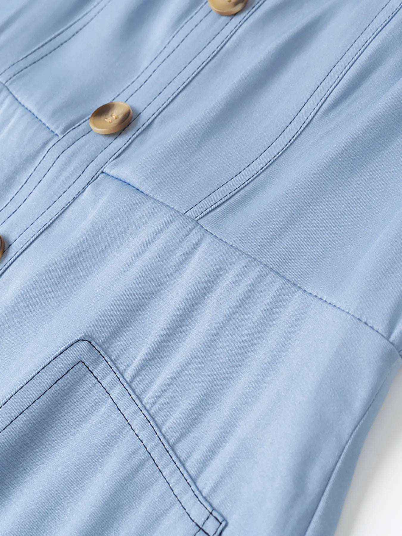 Light Blue Buttoned Wide Strap Sweetheart Neck Denim Midi Dress Vintage Inspired Pocketed, Summer Casual Travel-Ready